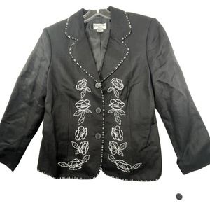 NEW Mary‎ McFadden Black Linen Blend Womens Size 10 P Floral Embroidered Blazer